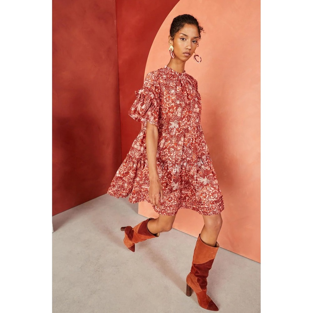 Ulla Johnson Fawn Tiered Ruffle Dress $495 Floral Print Red Pink Boho Size 2